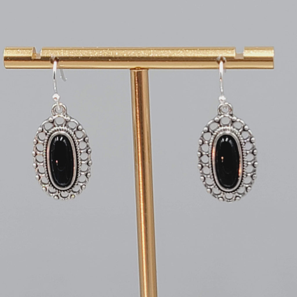 Silver tone Dangle Pierced Earrings Black Cabochon Dangle 7/8"
