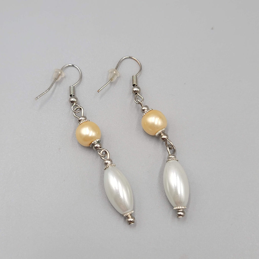 Pierced Earrings Silver tone Champagne White Bead Dangle 1.75"