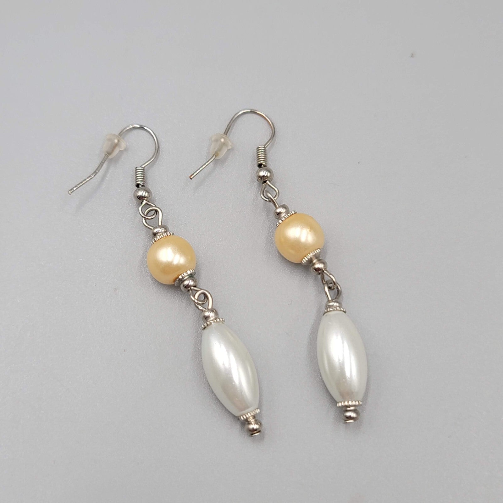 Pierced Earrings Silver tone Champagne White Bead Dangle 1.75"