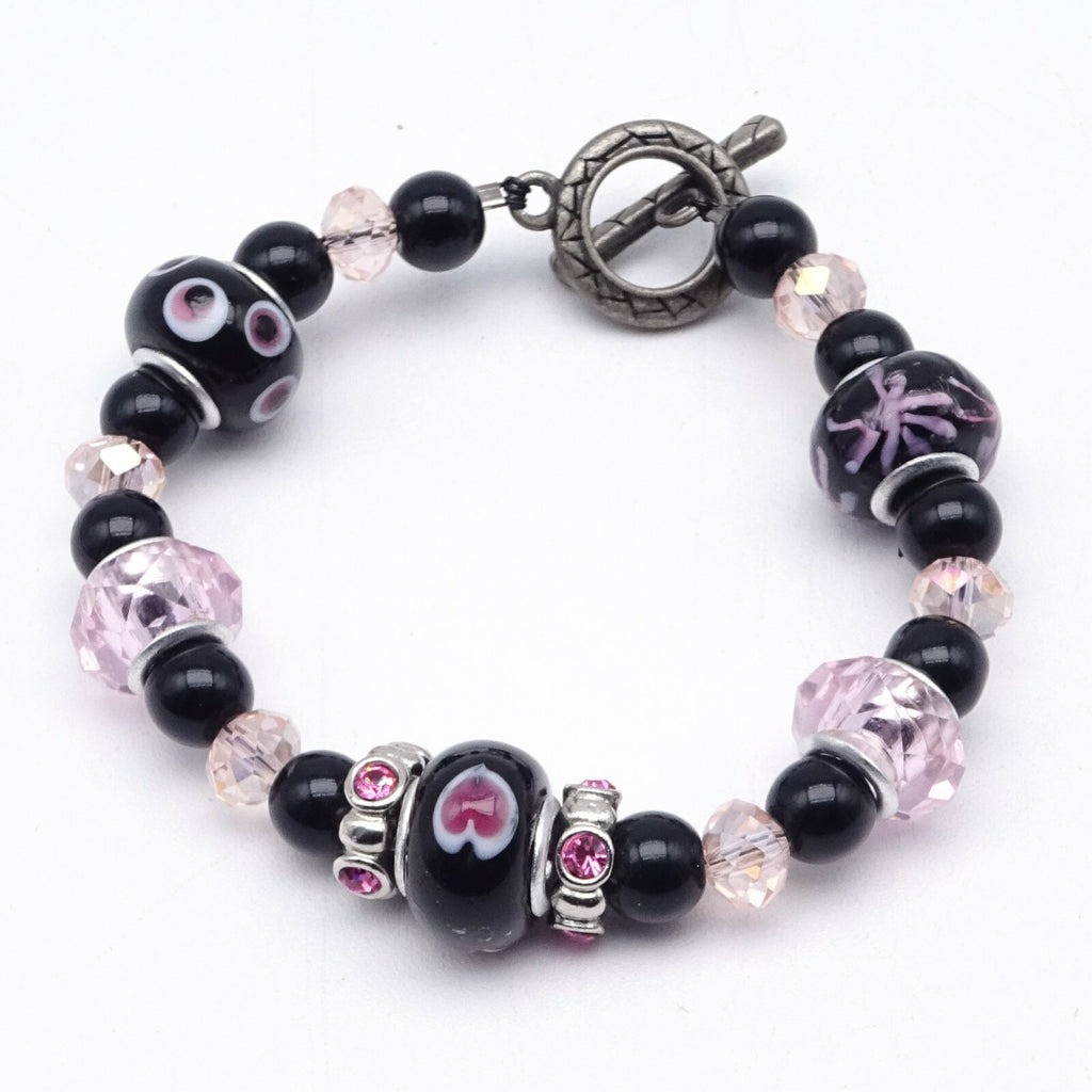 Pink Black Bead Slide Bracelet Silver tone Estate Costume 7.75"