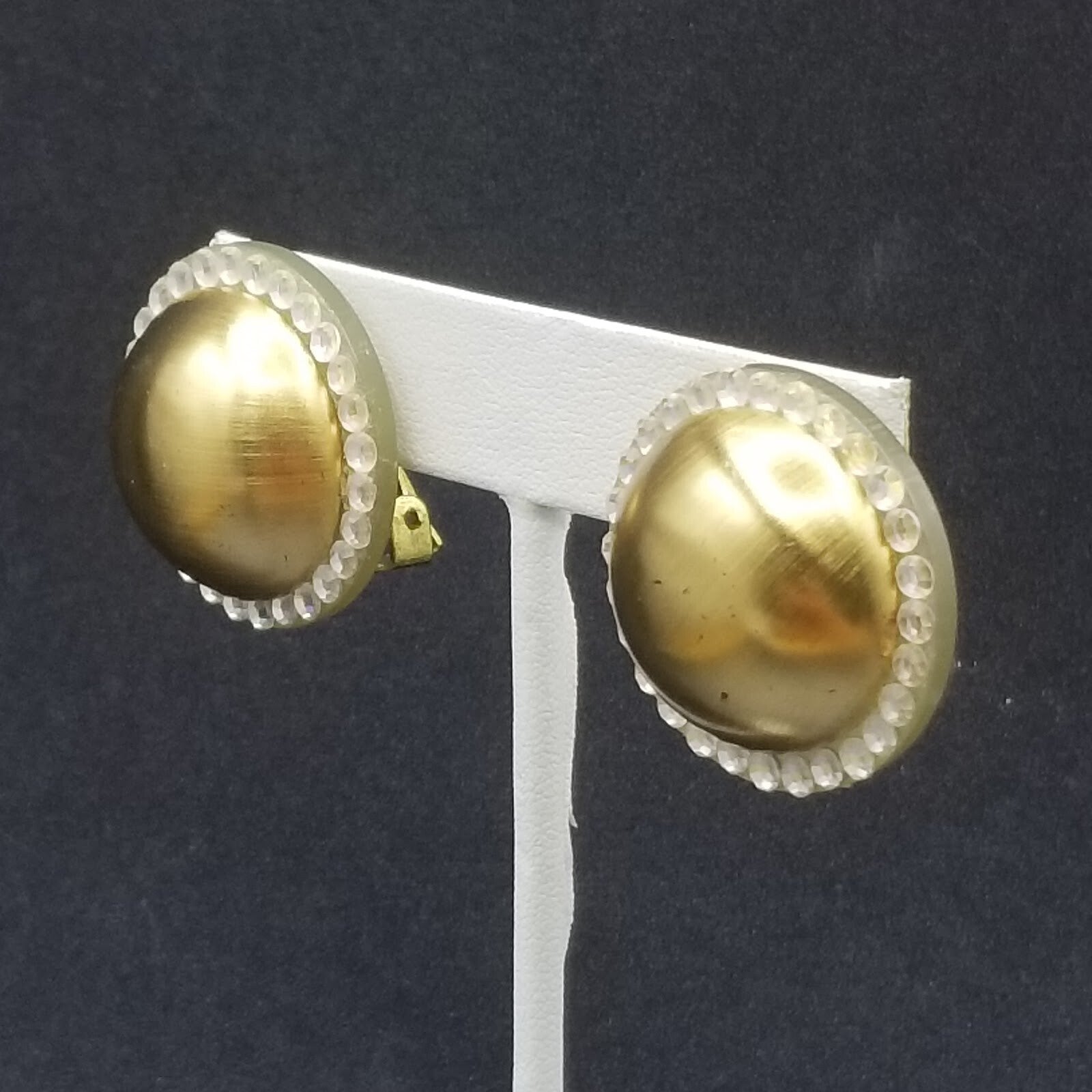 Clip on Earrings Gold tone Crystal Dome Acrylic Button Style Drop Stud 1 3/8" A
