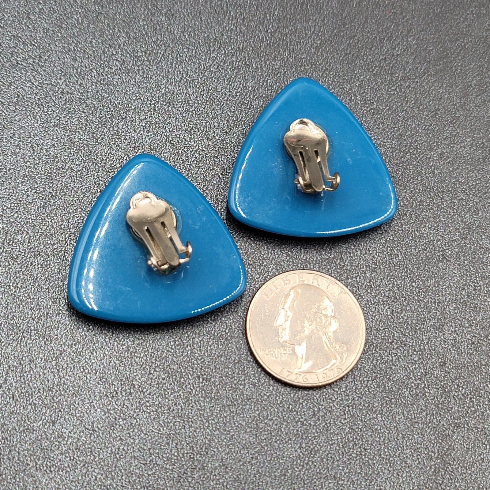 Vintage Clip on Earrings Blue Acrylic Triangle Statement Drop 1 3/8"
