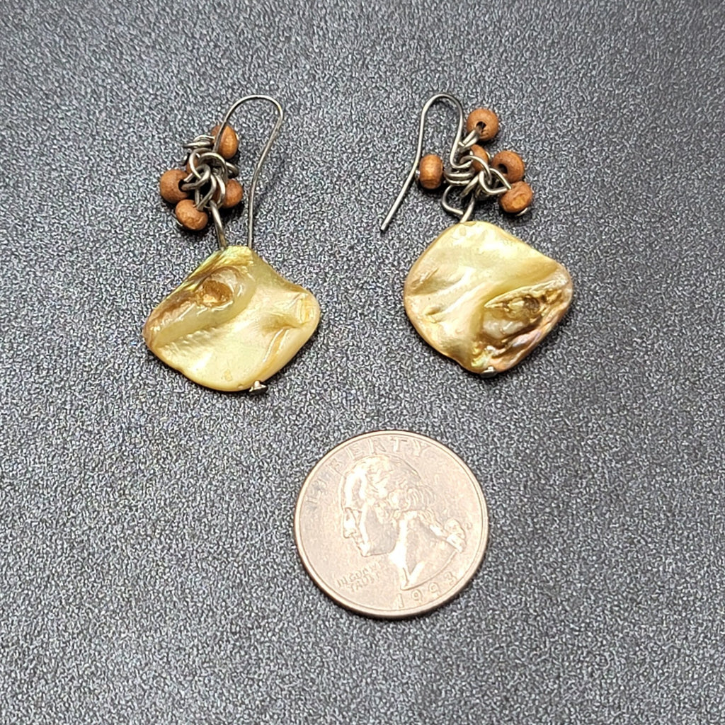 Pierced Earrings Silver tone Yellow Shell Wood Bead Dangle 1.25"