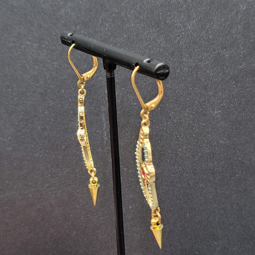 Pierced Earrings Gold tone Blue Pink Crystals Evil Eye Dangle 1 5/8"