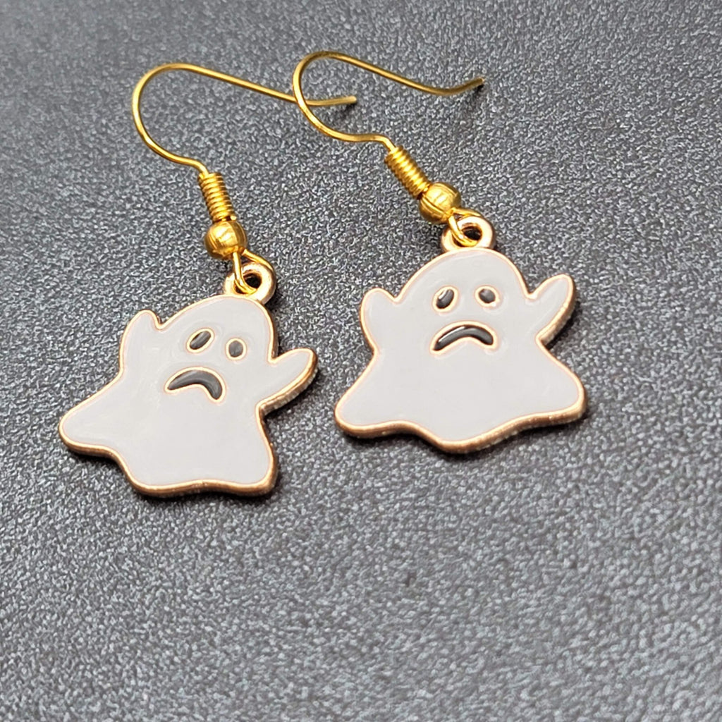 Halloween Sad Ghost Pierced Earrings Gold tone Gray Enamel Dangle 3/4"