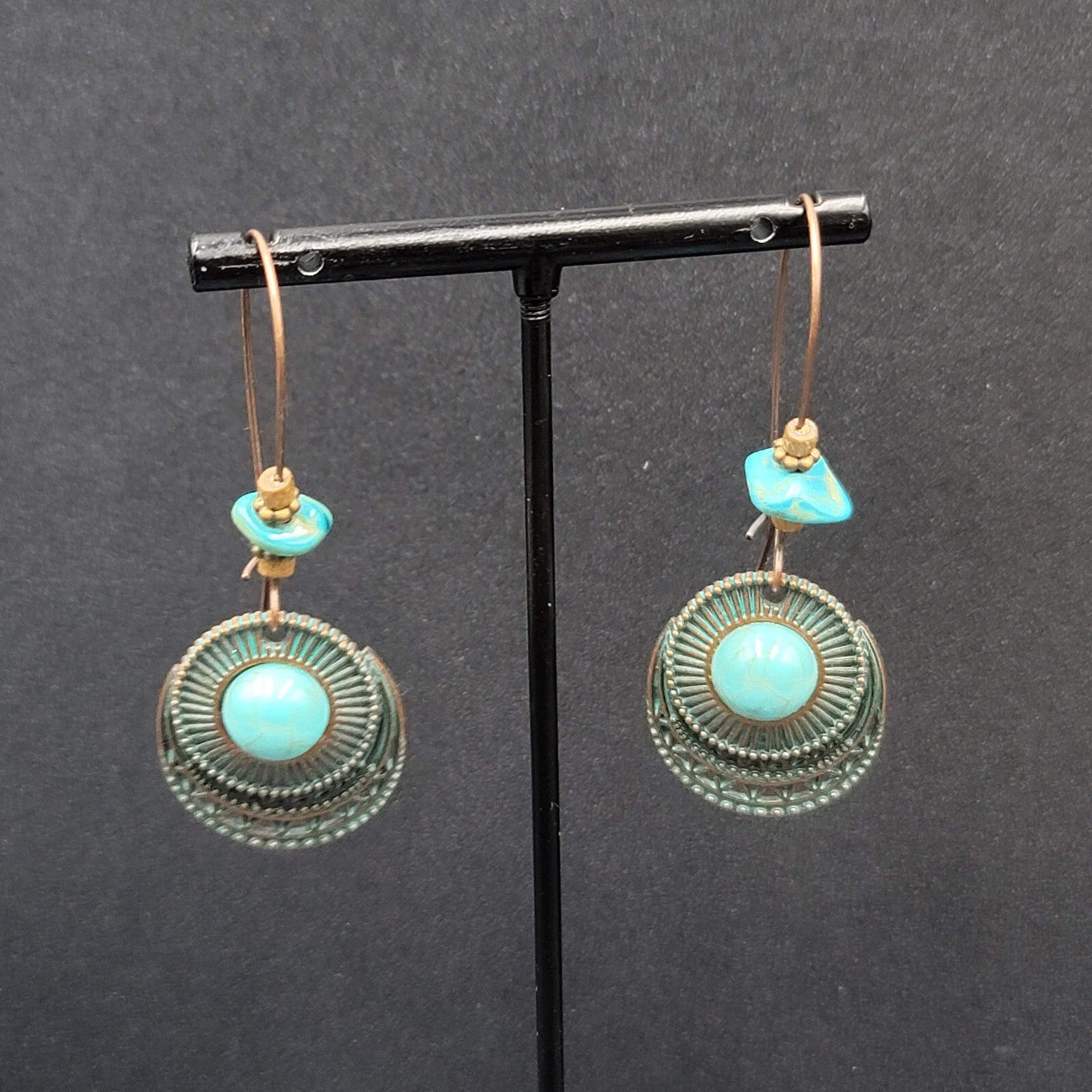 New Boho Pierced Earrings Faux Green Patina Copper tone Turquoise Bead 2.5"