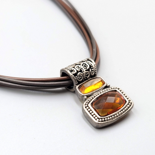 Cookie Lee Necklace Leather Cord Silver tone Orange Pendant 16"+