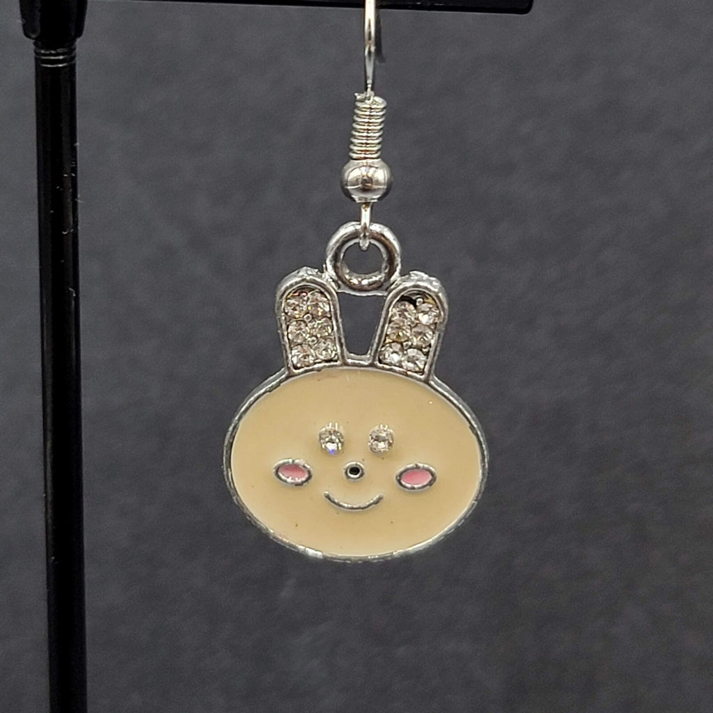 Bunny Pierced Earrings Dangle Silver tone Enamel Rhinestone 1"