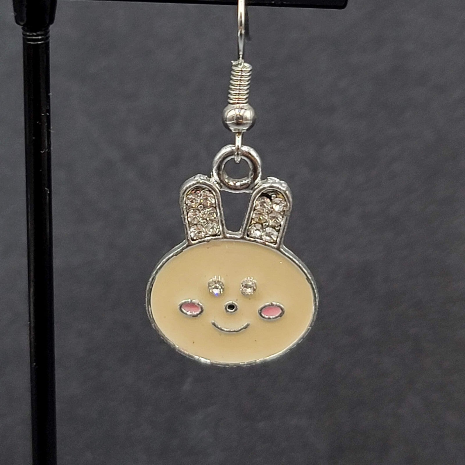 Bunny Pierced Earrings Dangle Silver tone Enamel Rhinestone 1"