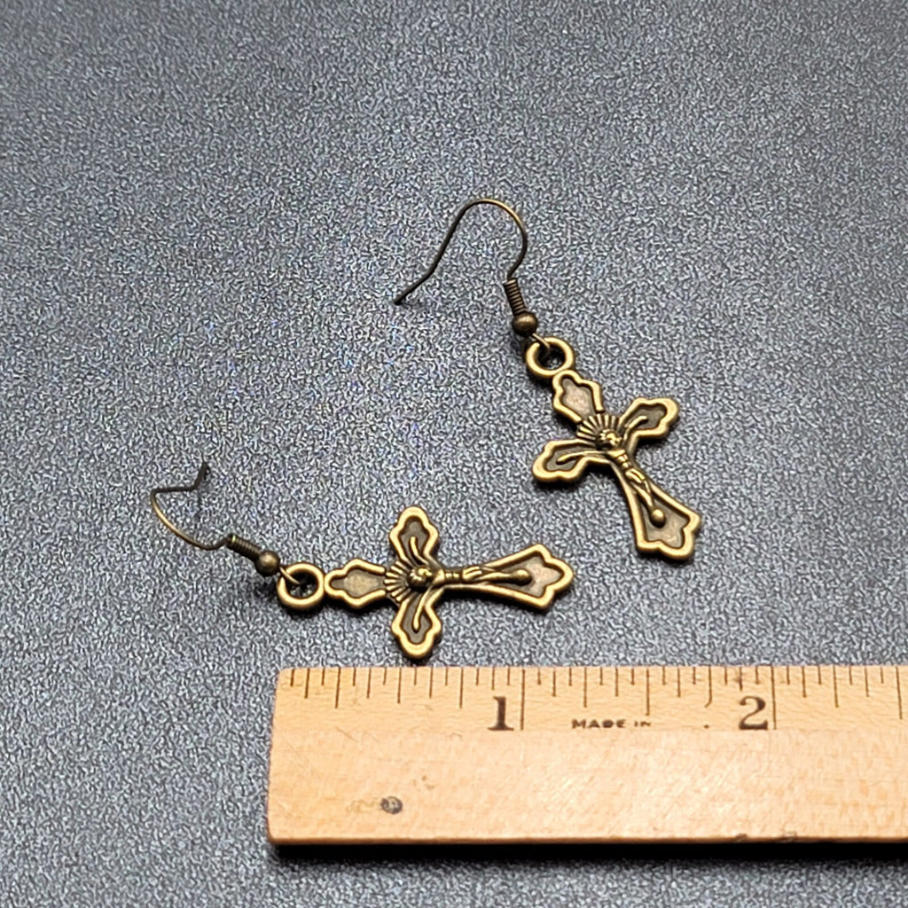 New Crucifix Cross Pierced Earrings Bronze tone Dangle 1 1/8"
