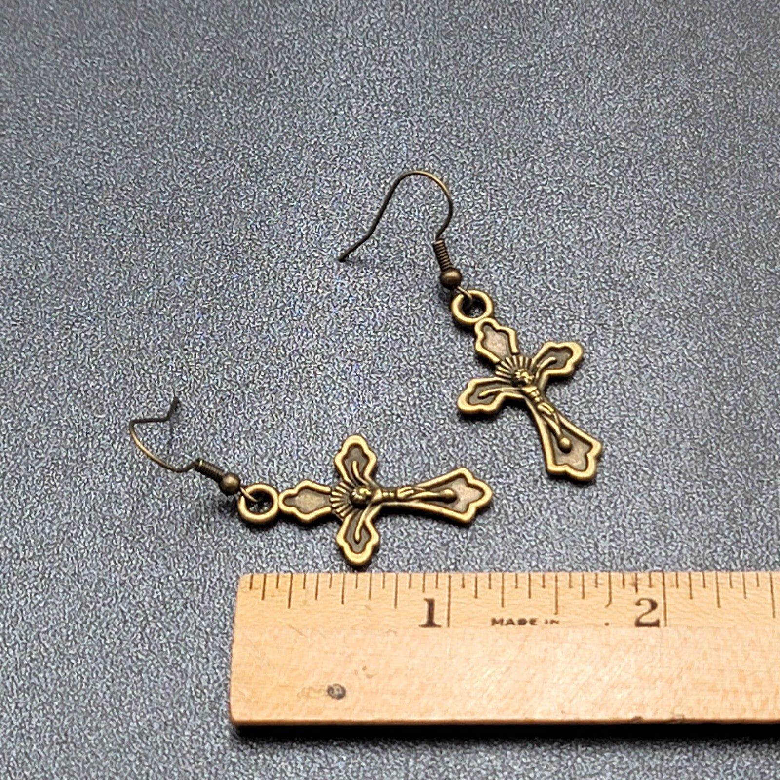New Crucifix Cross Pierced Earrings Bronze tone Dangle 1 1/8"