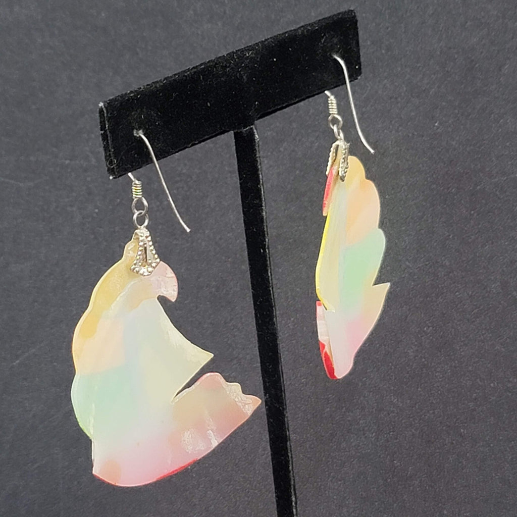 Vintage Sailboat Pierced Earrings Hand Painted Mother of Pearl Carved Shell 2"