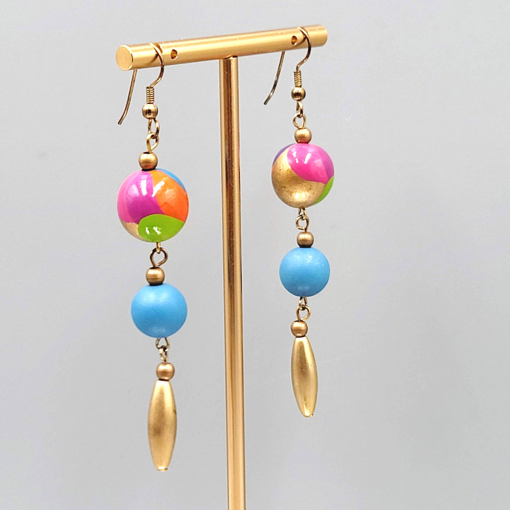 Long Pierced Earrings Hand Painted Bead Gold tone Dangle 2.75"