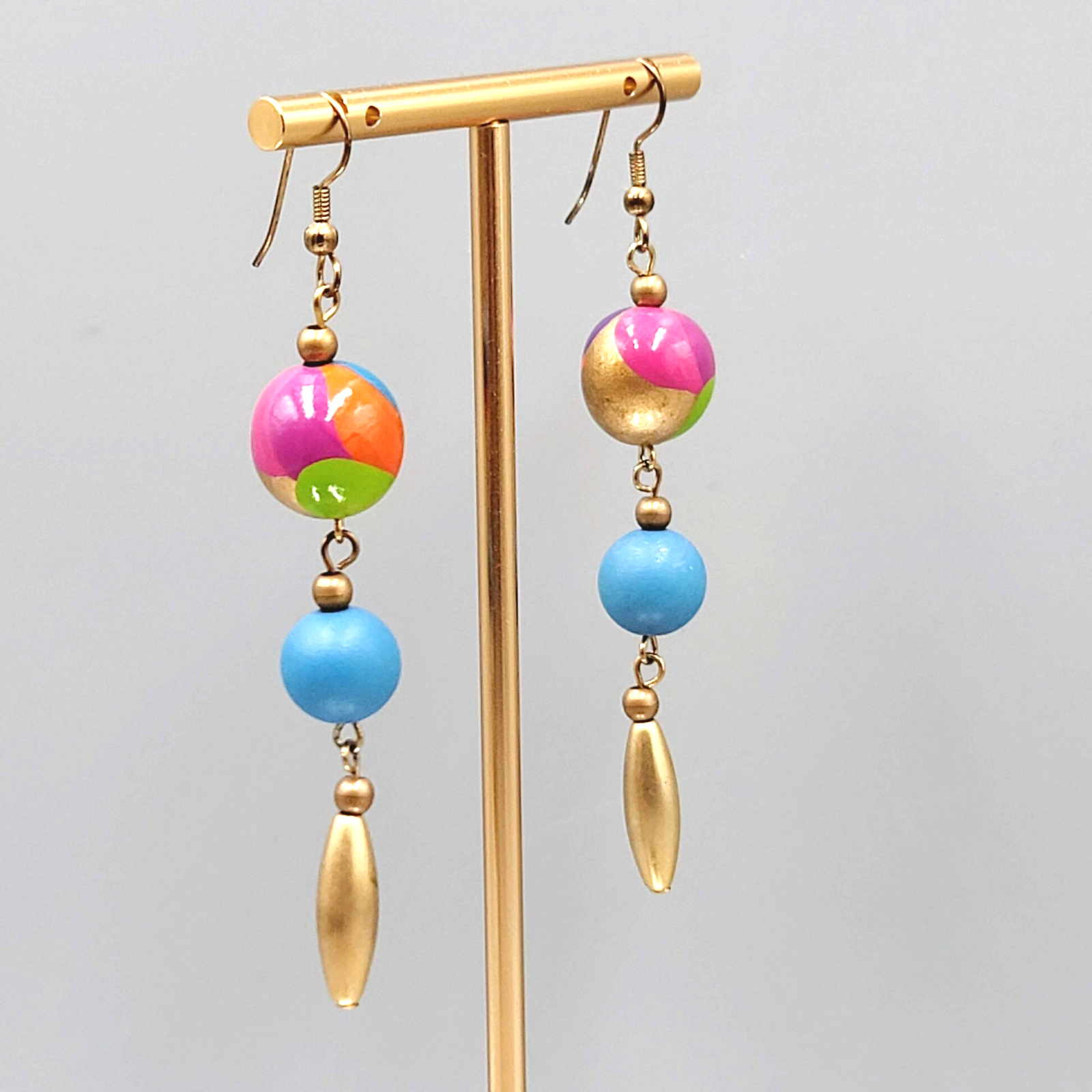 Long Pierced Earrings Hand Painted Bead Gold tone Dangle 2.75"