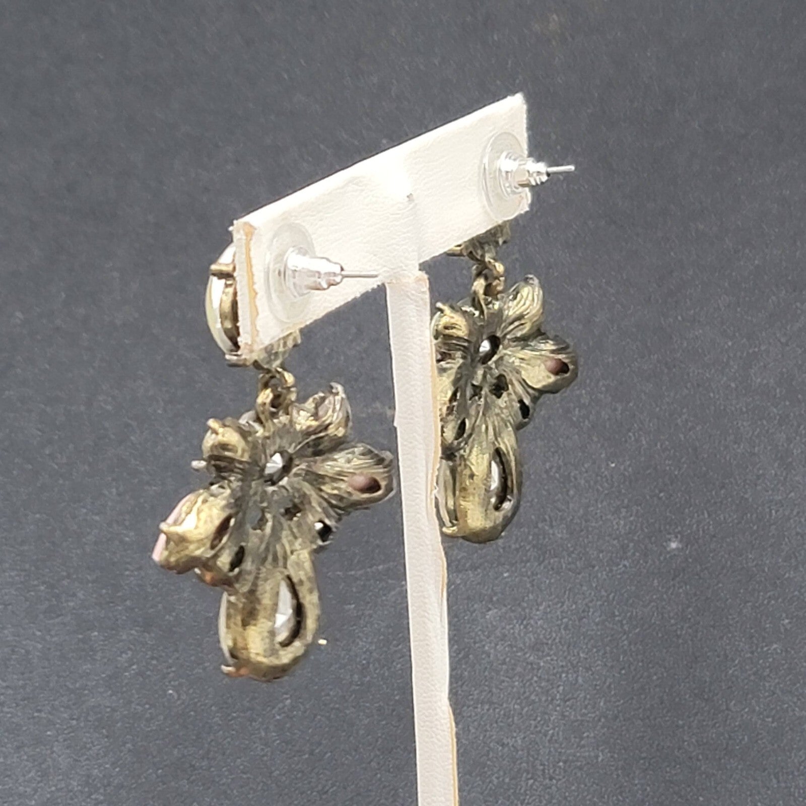 Pierced Earrings Antiqued Gold tone Multicolor Faceted Accent Acrylic 1 7/8"
