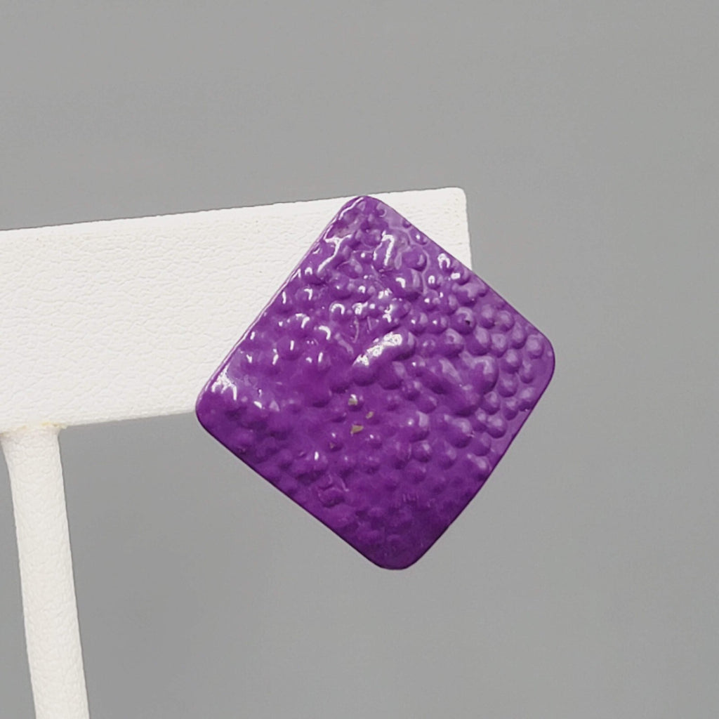 Vintage Purple Enamel Pierced Earrings Textured Metal Square Drop 1"