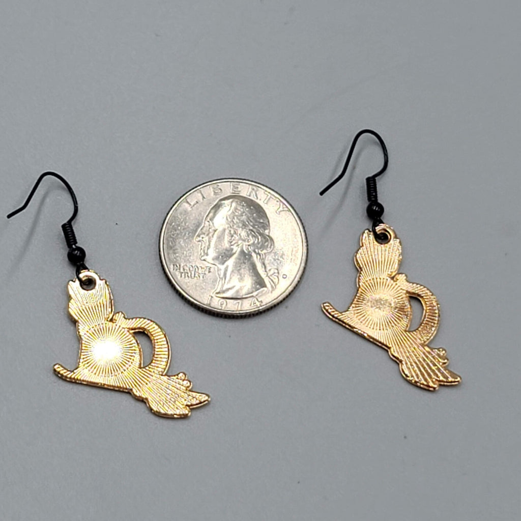 Black Cat Riding Broom Pierced Earrings Enamel Gold tone Dangle New 1"