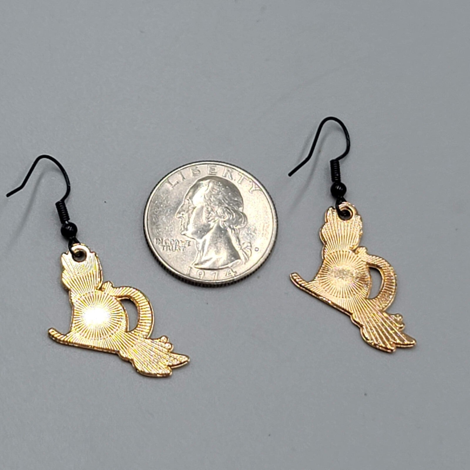 Black Cat Riding Broom Pierced Earrings Enamel Gold tone Dangle New 1"
