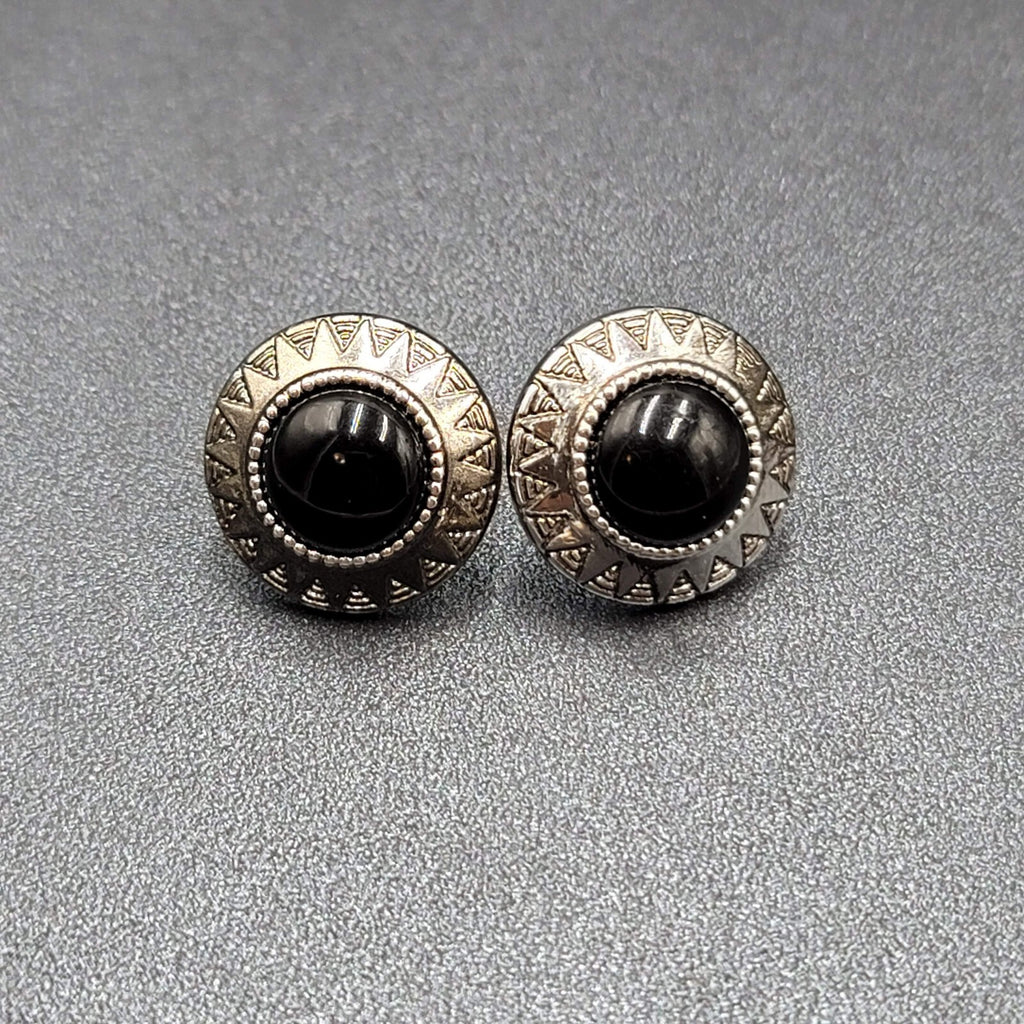 Vintage Pierced Earrings Silver tone Black Acrylic Cabochon Round Studs 1"