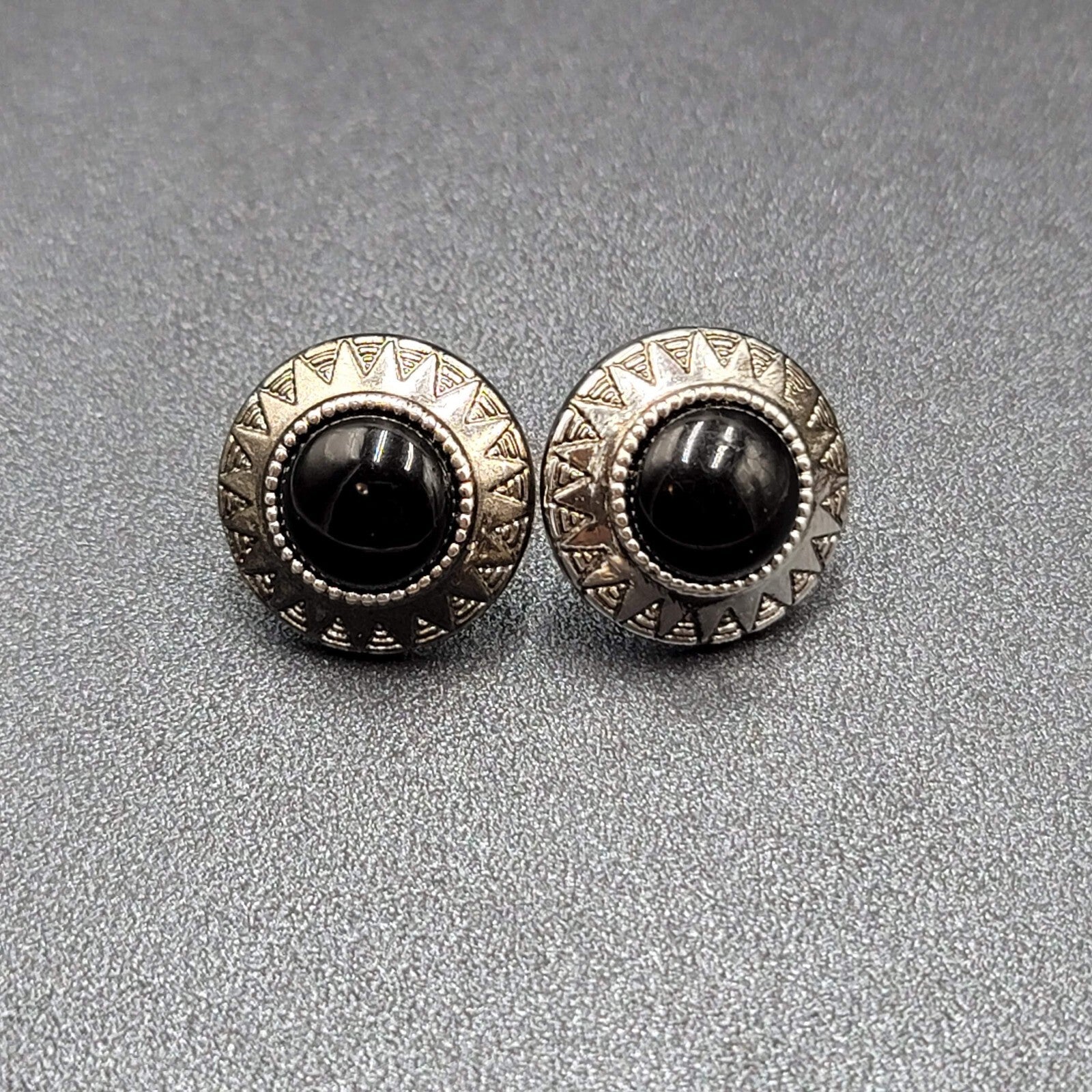 Vintage Pierced Earrings Silver tone Black Acrylic Cabochon Round Studs 1"