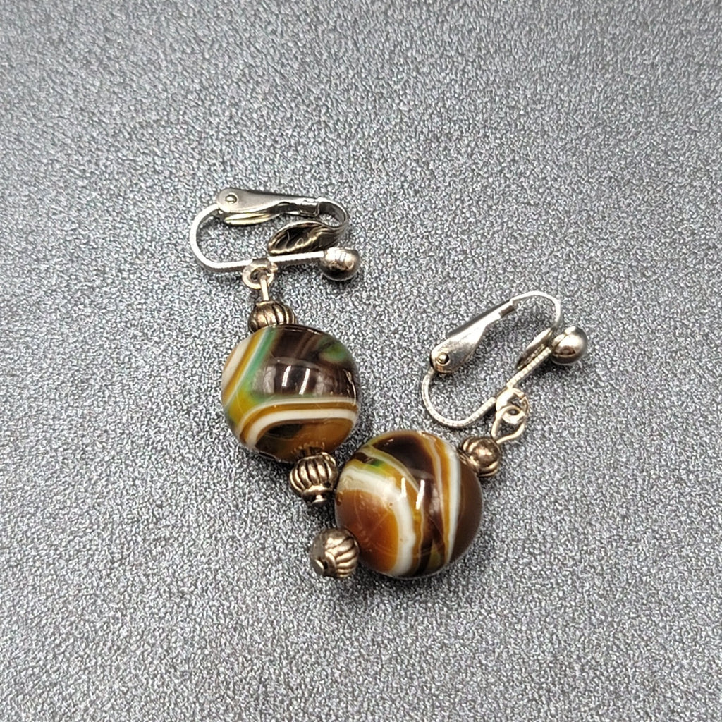 Clip on Earrings Silver tone Slag Glass Marble Bead Dangle 1"
