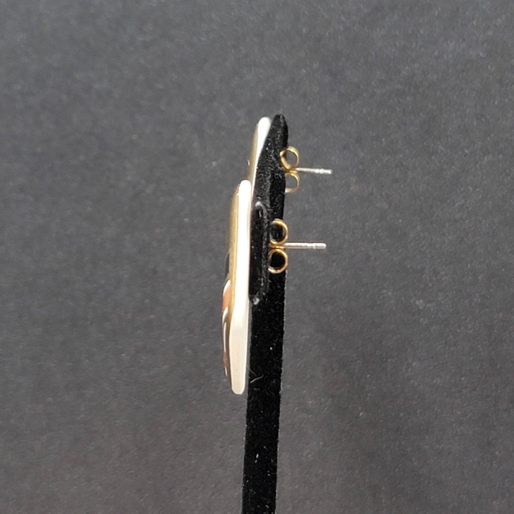 Vintage Pierced Earrings Ceramic Gold Black Brown Painted Square Drop 1"