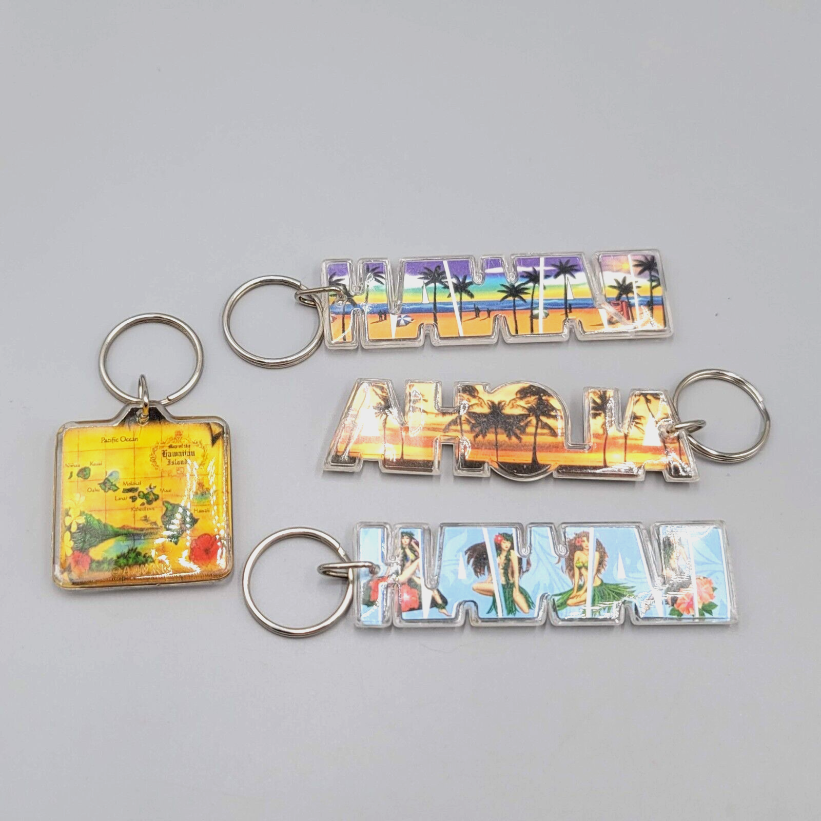 Lot of 4 Hawaii Hawaiian Souvenir Acrylic Assorted Keychain Keyring Pre-owned
