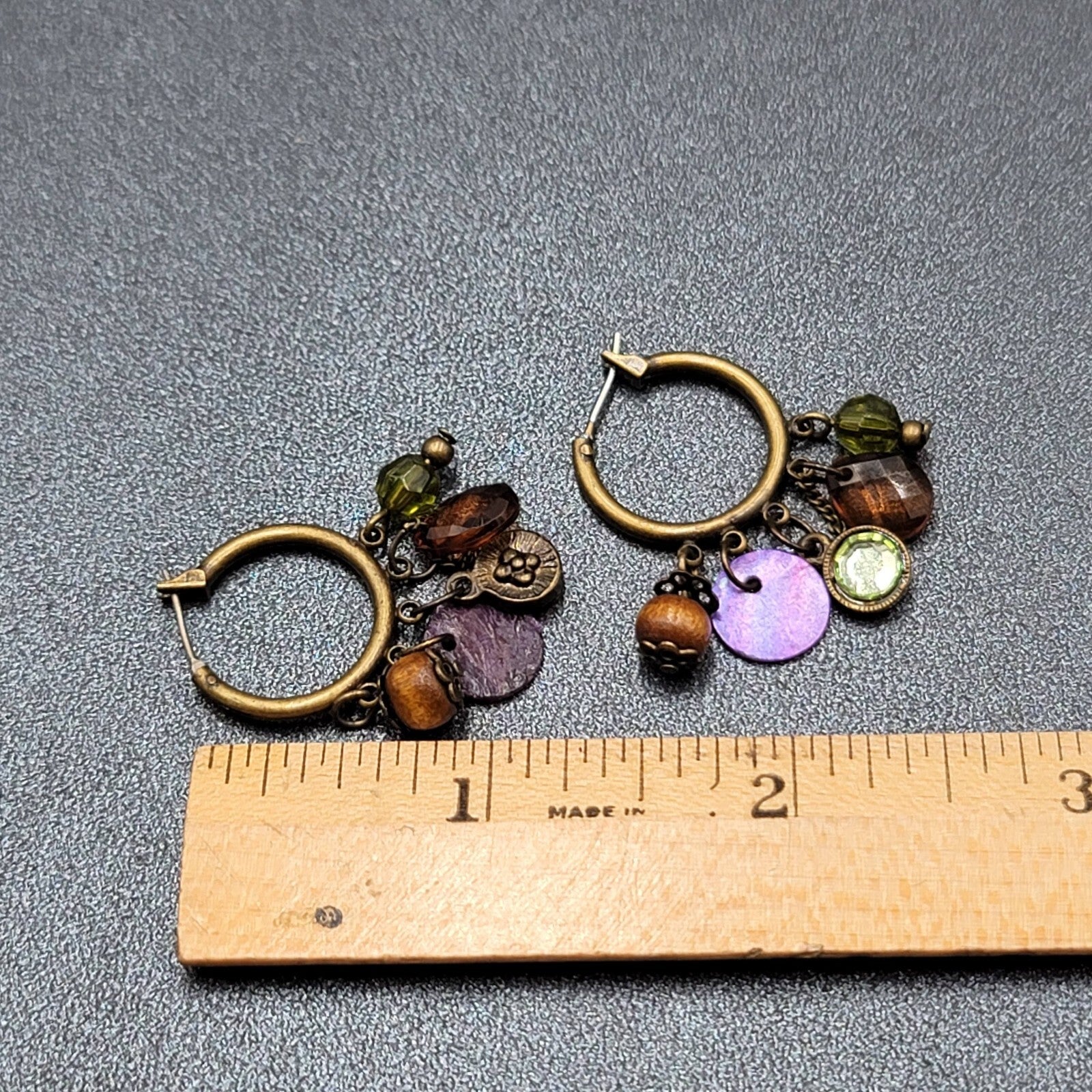 Pierced Earrings Green tone Green Orange Purple Beads Hoops 1.25"