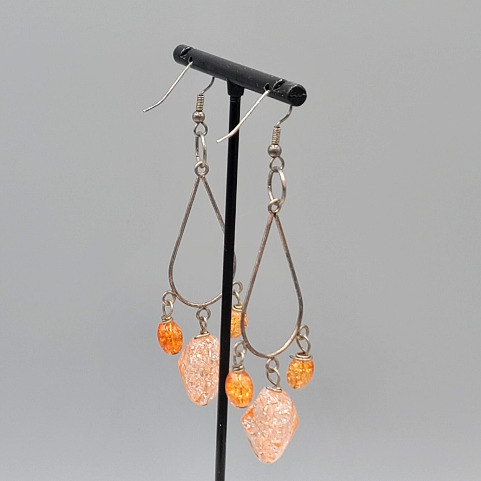 Confetti Orange Bead Pierced Earrings Silver tone Dangle 2.75"