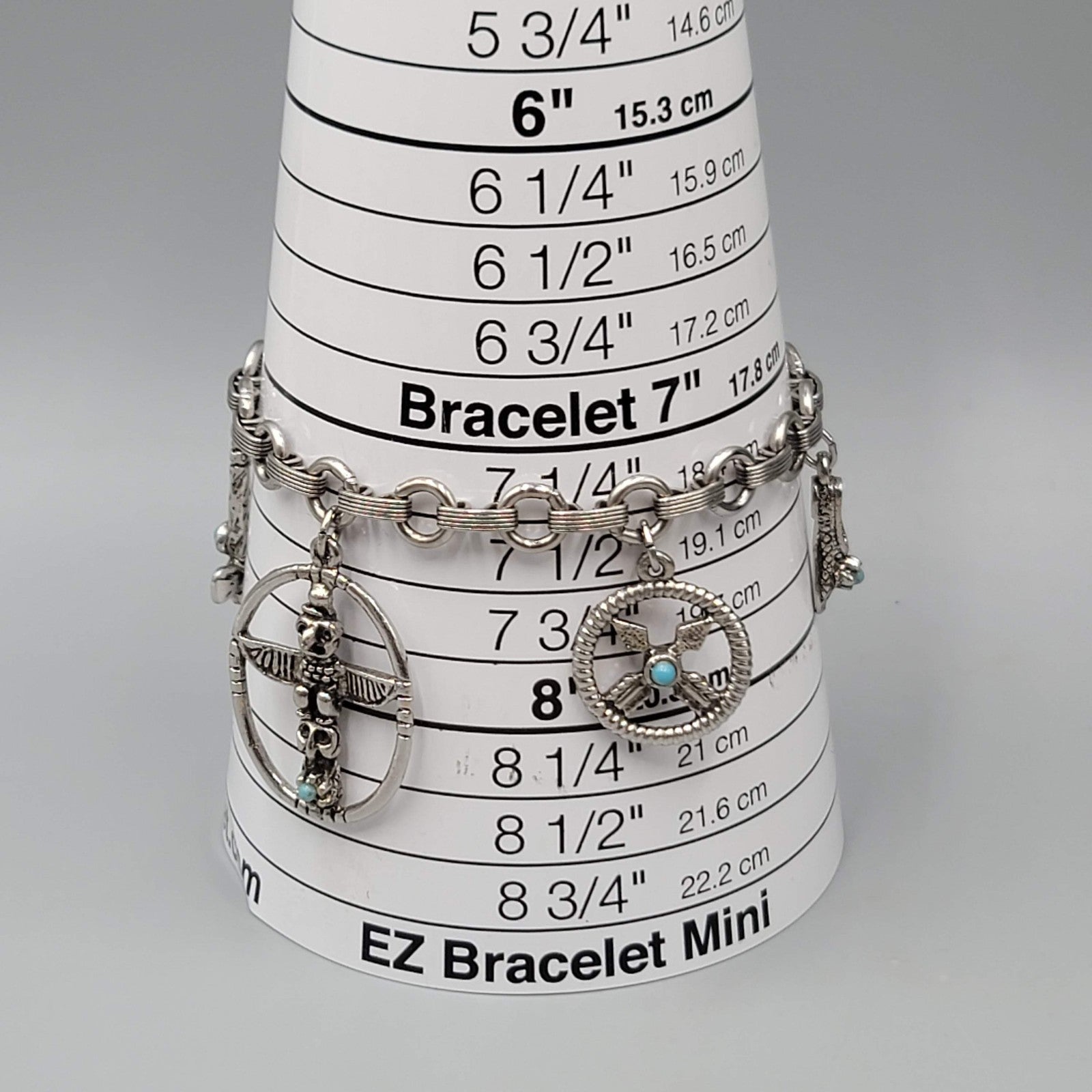 Vintage Southwestern Silver tone Charm Bracelet Blue Accent 7.25"