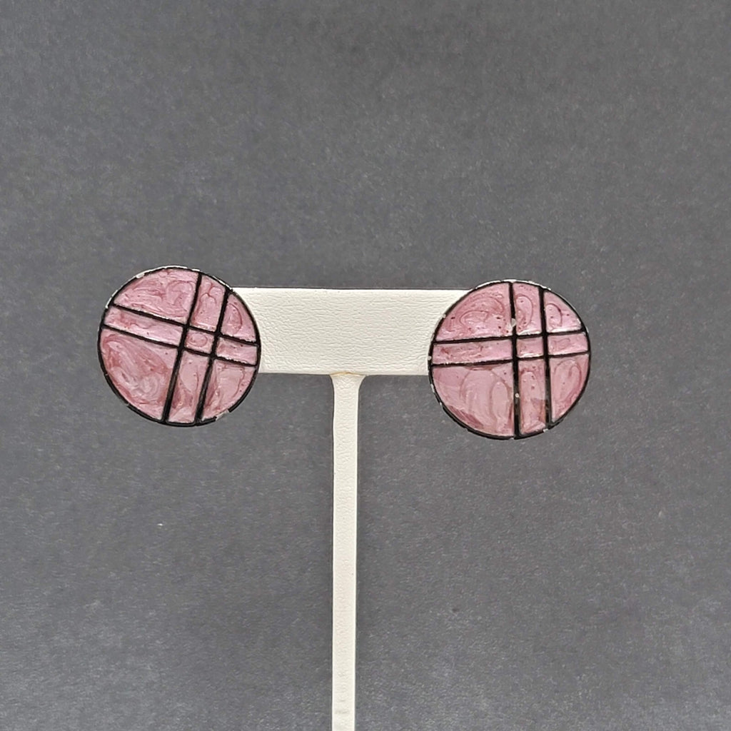 Vintage Pierced Earrings Purple Black Enamel over Metal Round Drop 1"