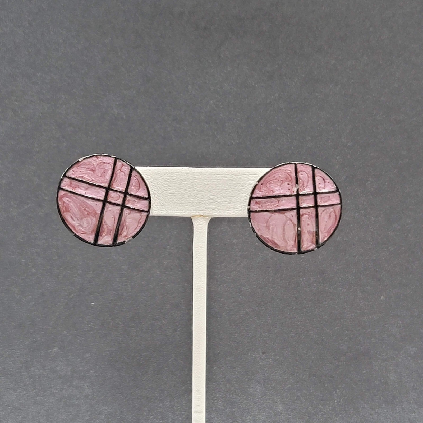 Vintage Pierced Earrings Purple Black Enamel over Metal Round Drop 1"