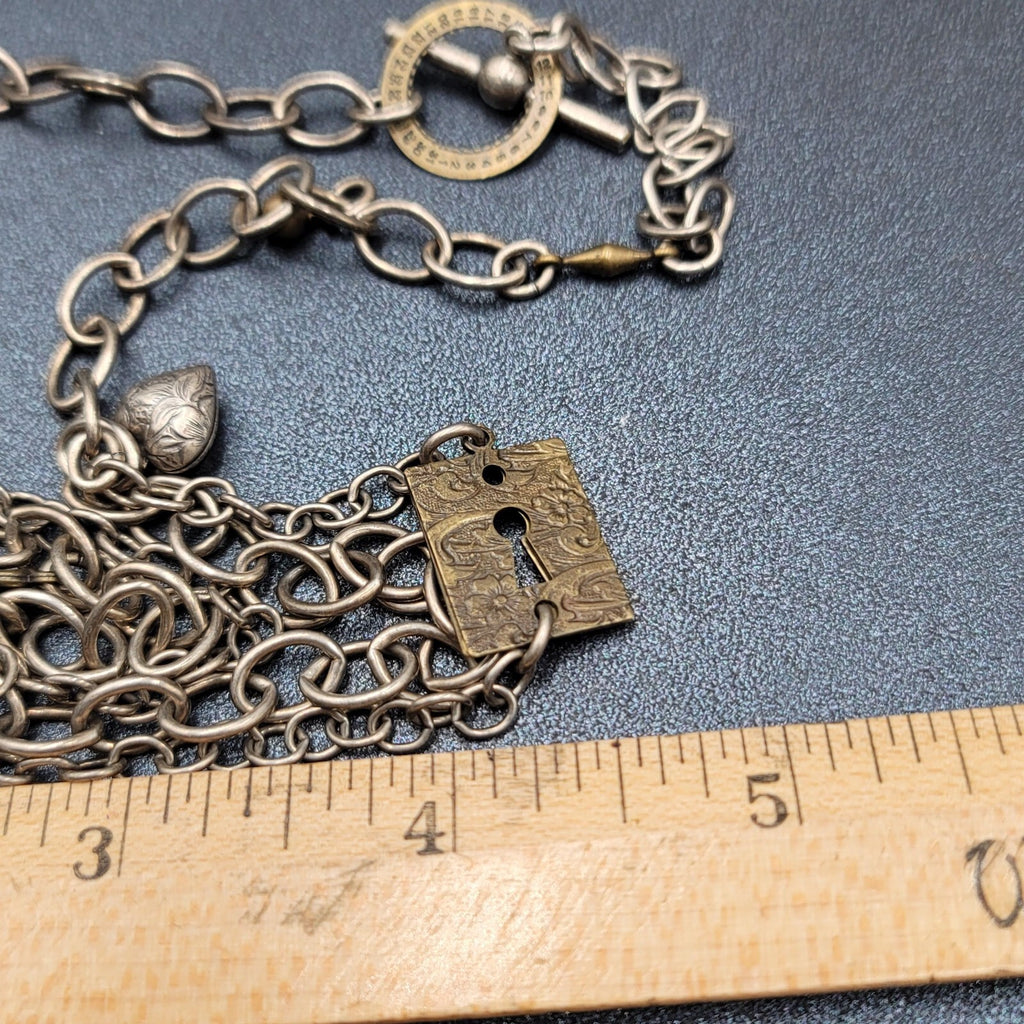 Skeleton Key Heart Charm Necklace Silver tone Statement 22"