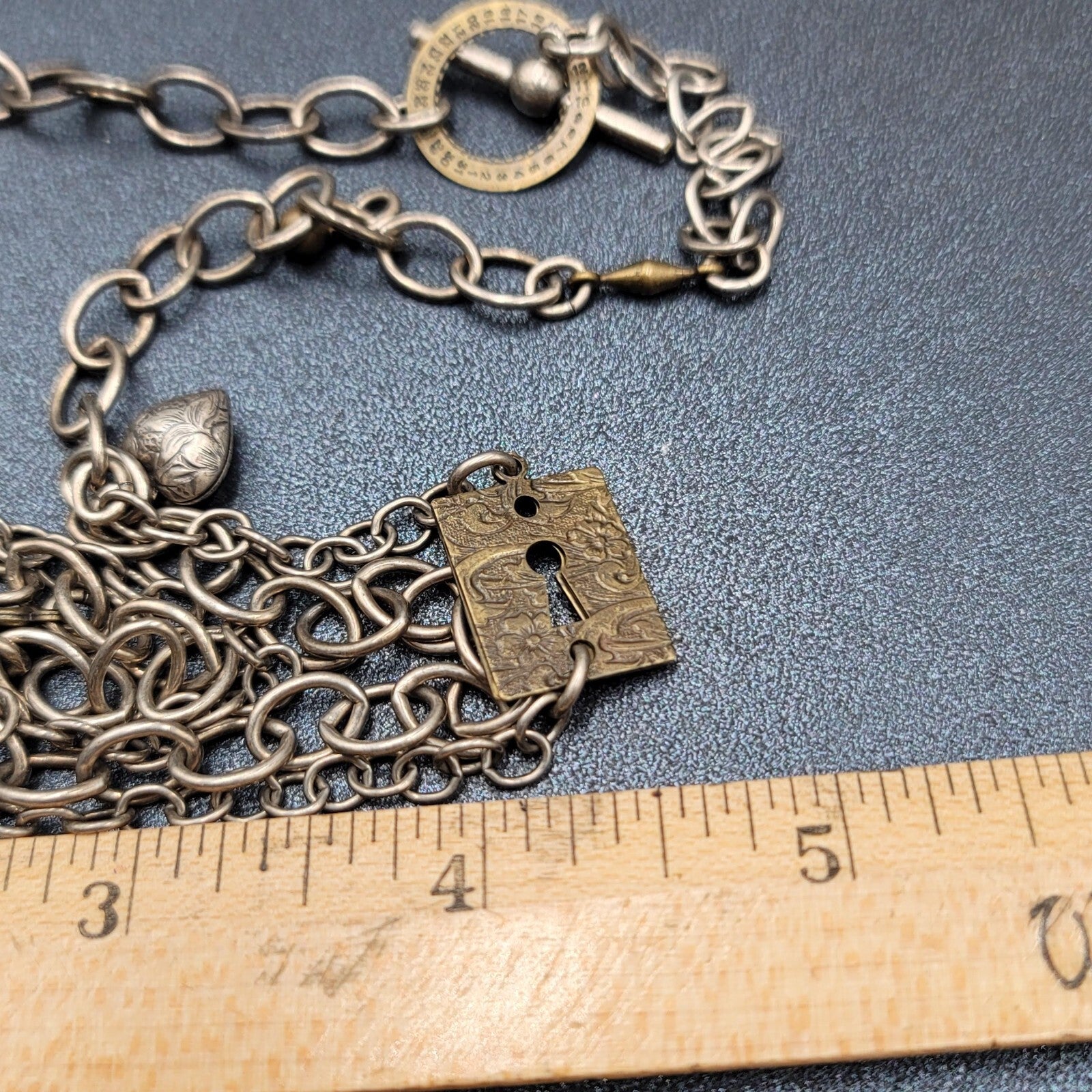 Skeleton Key Heart Charm Necklace Silver tone Statement 22"