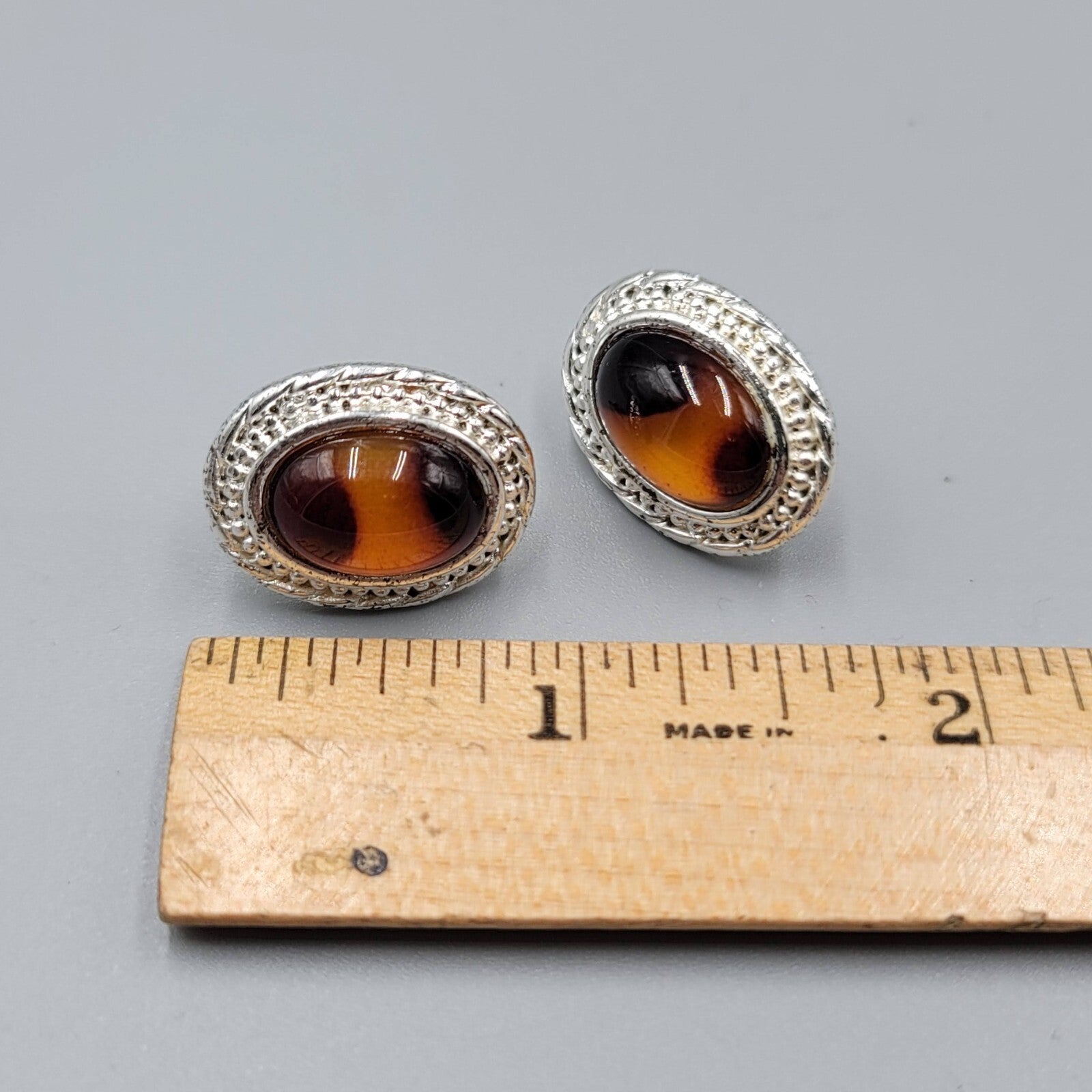 Pierced Earrings Silver tone Acrylic Faux Tortoise Cabochon Oval Drop 3/4"