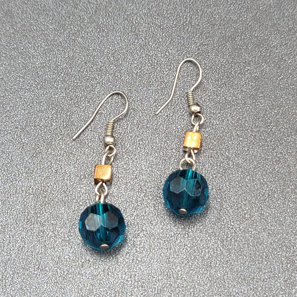 Pierced Earrings 1" Silver tone Blue Bead Copper Square Dangle 1"