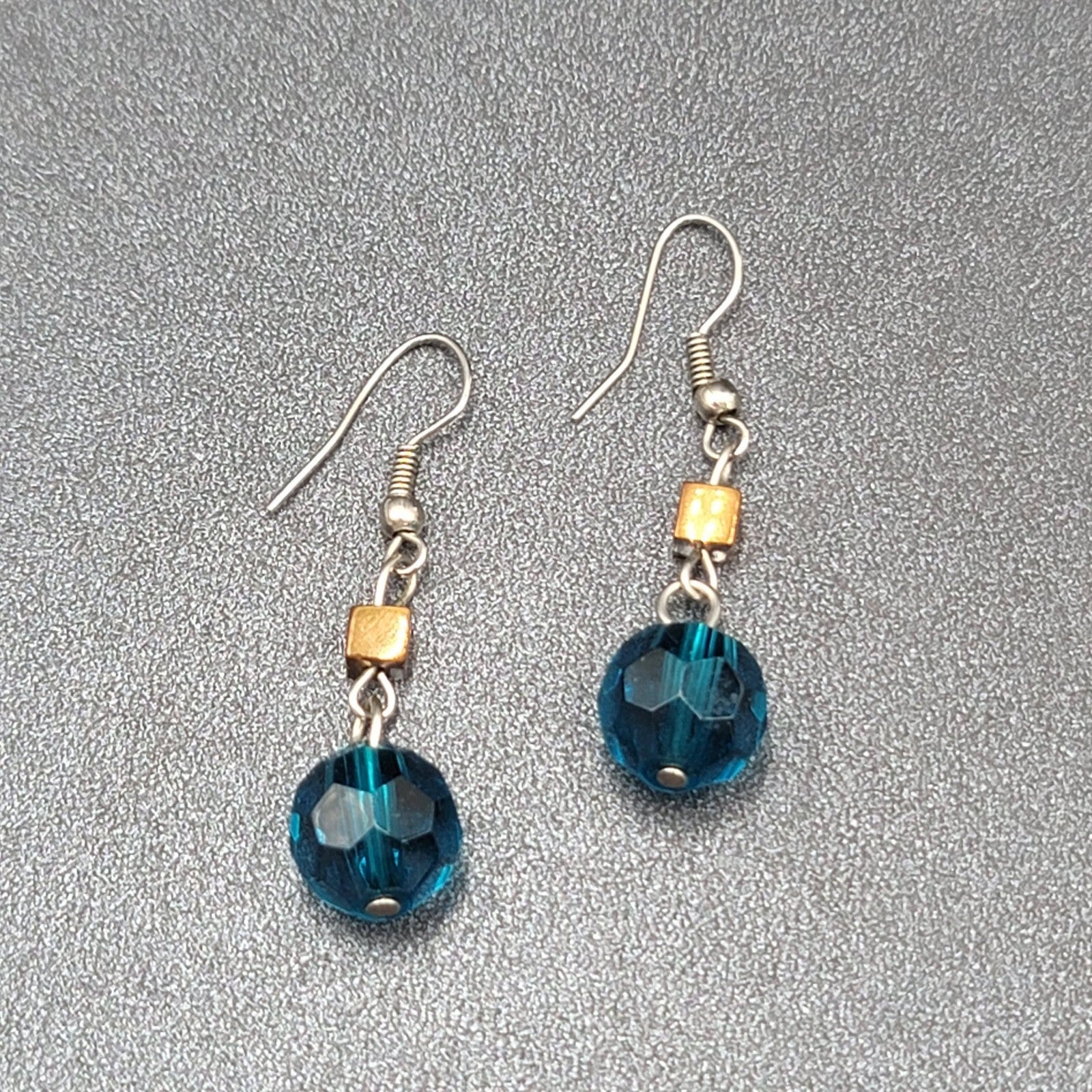 Pierced Earrings 1" Silver tone Blue Bead Copper Square Dangle 1"