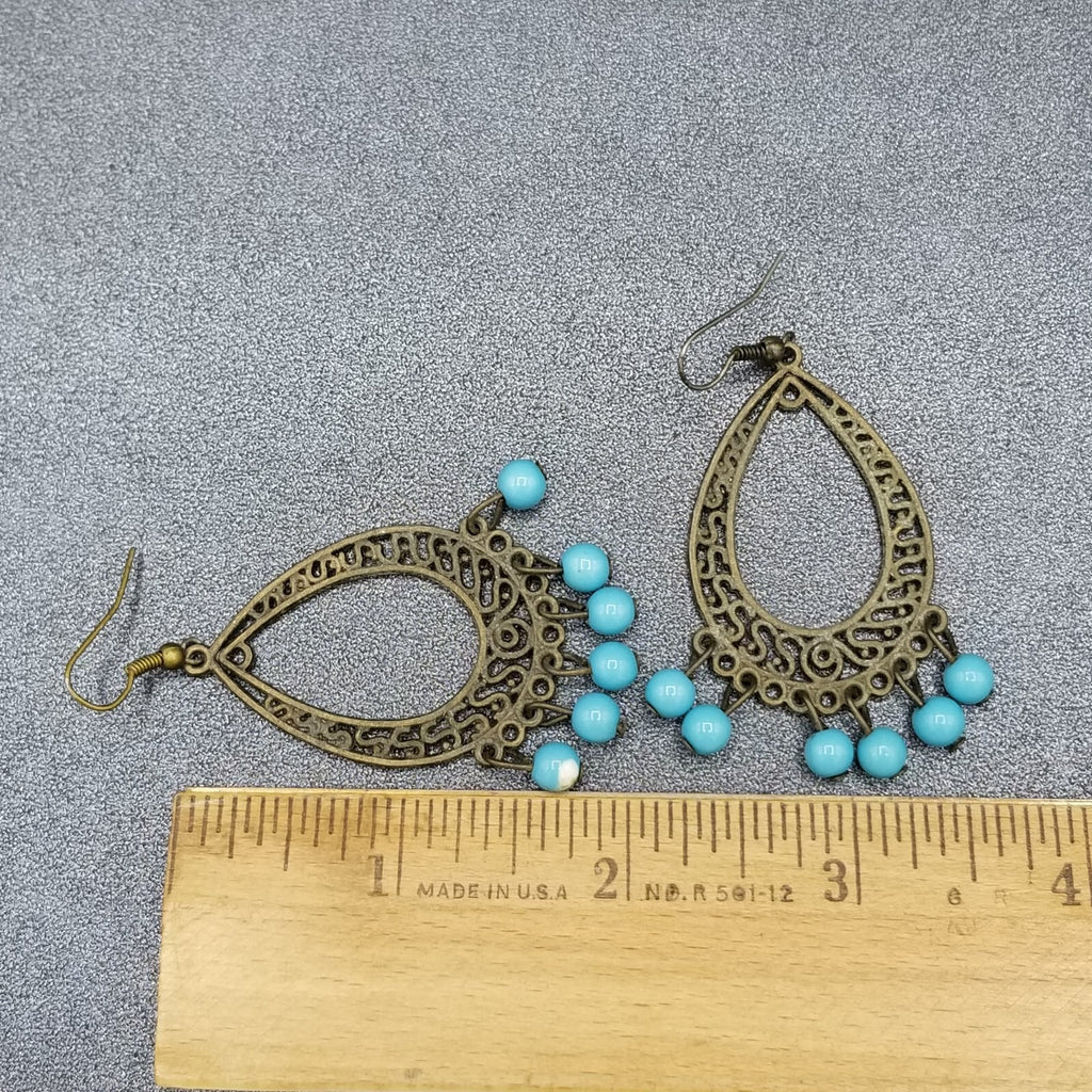 Pierced Earrings Bronze tone Chandelier Teardrop Blue Bead Dangle 2.25"