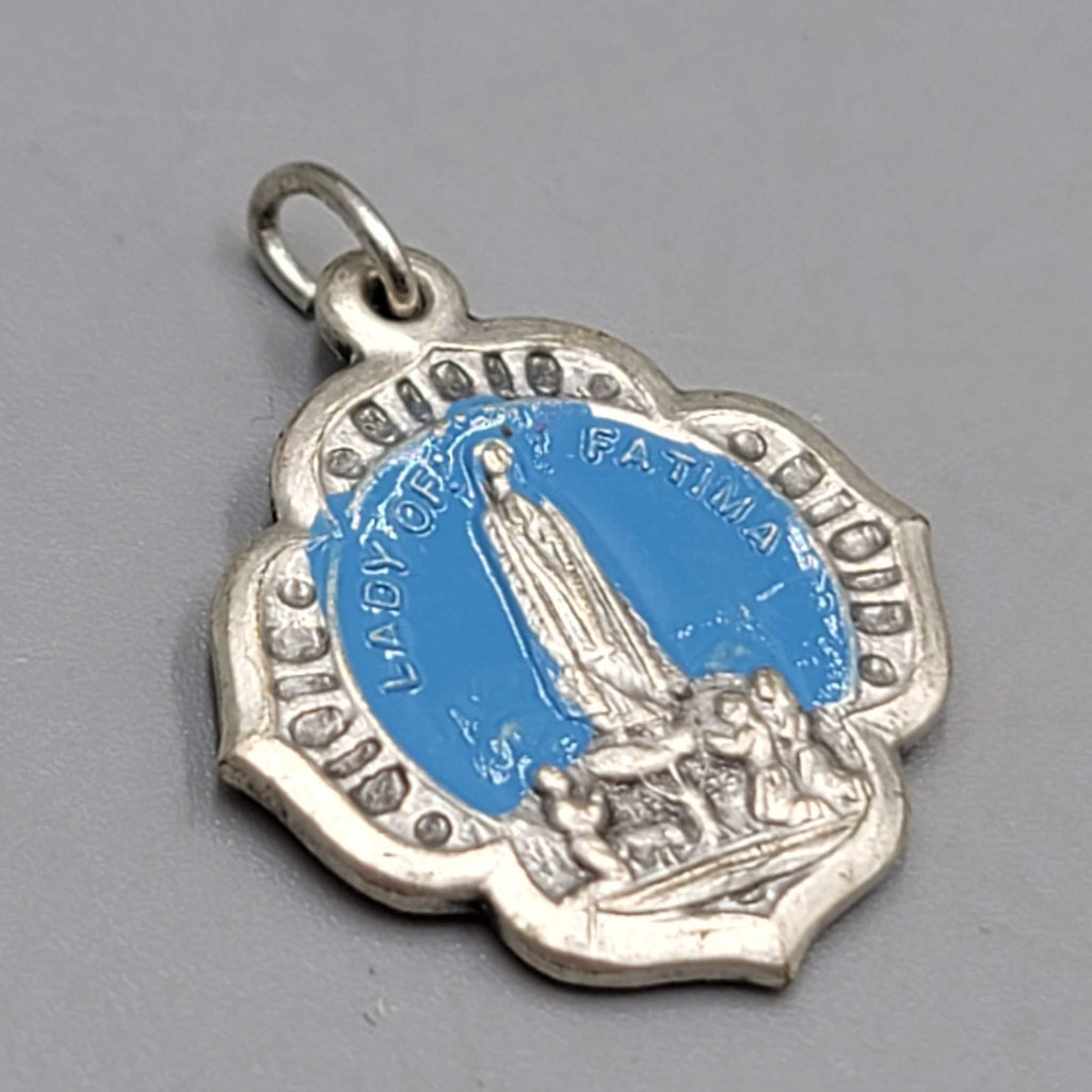 Vintage Catholic Miraculous Mary Blue Enamel Religious Medal Italy 7/8"