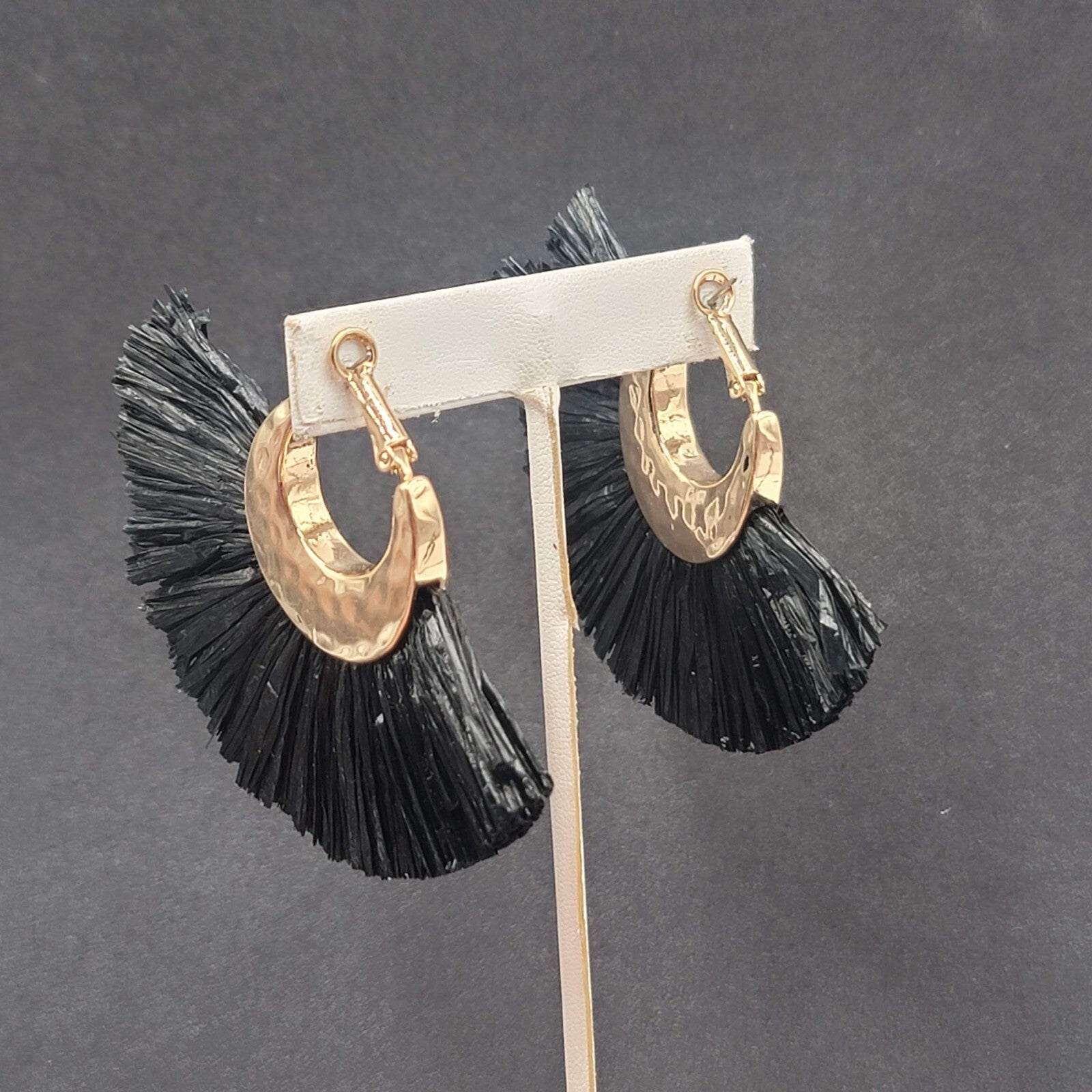 Pierced Earrings Gold tone Black Rattan Tassel Dangle 2.25"x3.25"