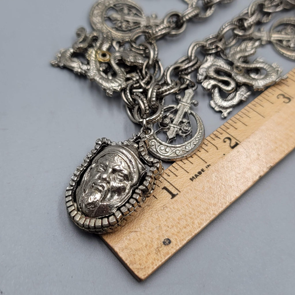 Vintage HAR HARGO Charm Bracelet Asian Silver tone Chunky 6.75 in