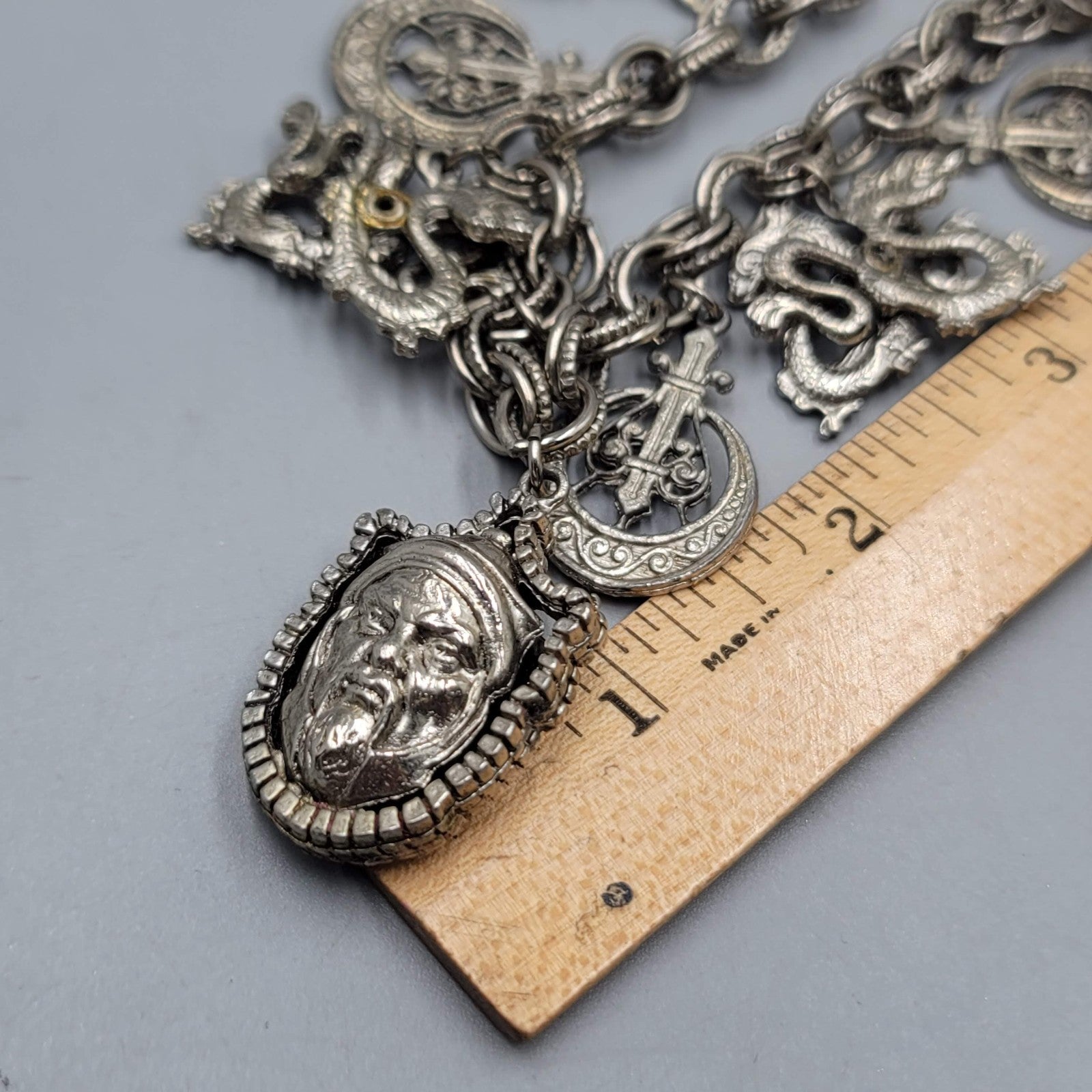 Vintage HAR HARGO Charm Bracelet Asian Silver tone Chunky 6.75 in