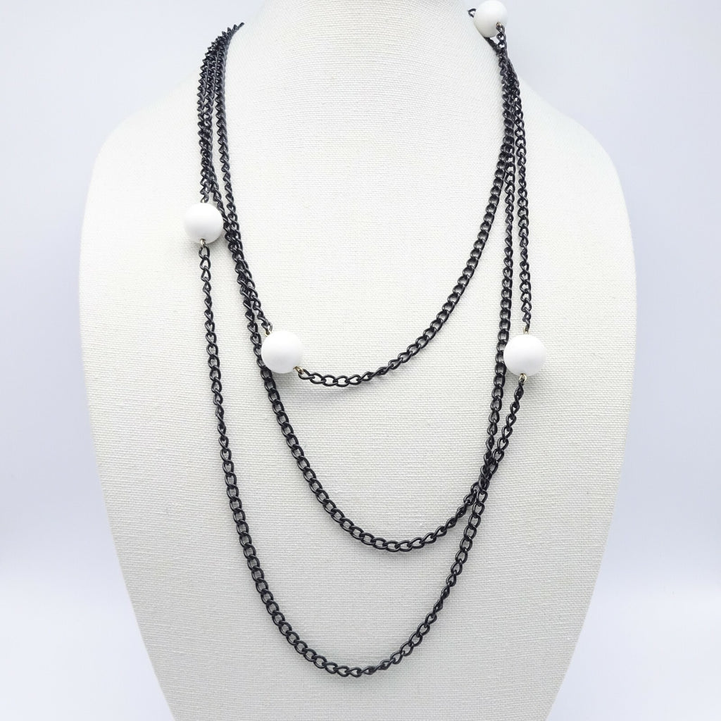 Vintage Black Chain & White Bead LONG Necklace Estate Costume Jewelry 88"