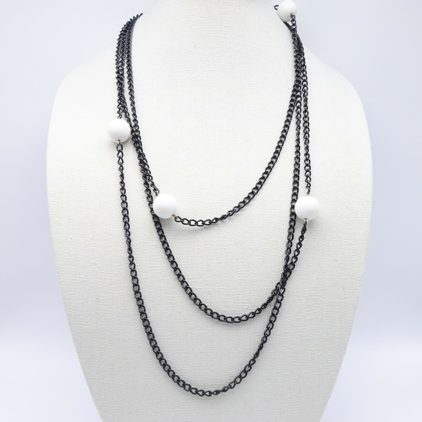 Vintage Black Chain & White Bead LONG Necklace Estate Costume Jewelry 88"