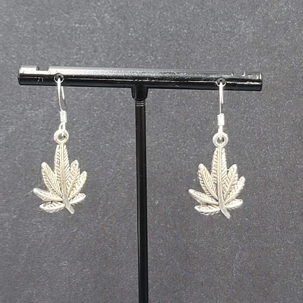 Pierced Earrings Silver tone Marijuana Pot Leaf Dangle 7/8"
