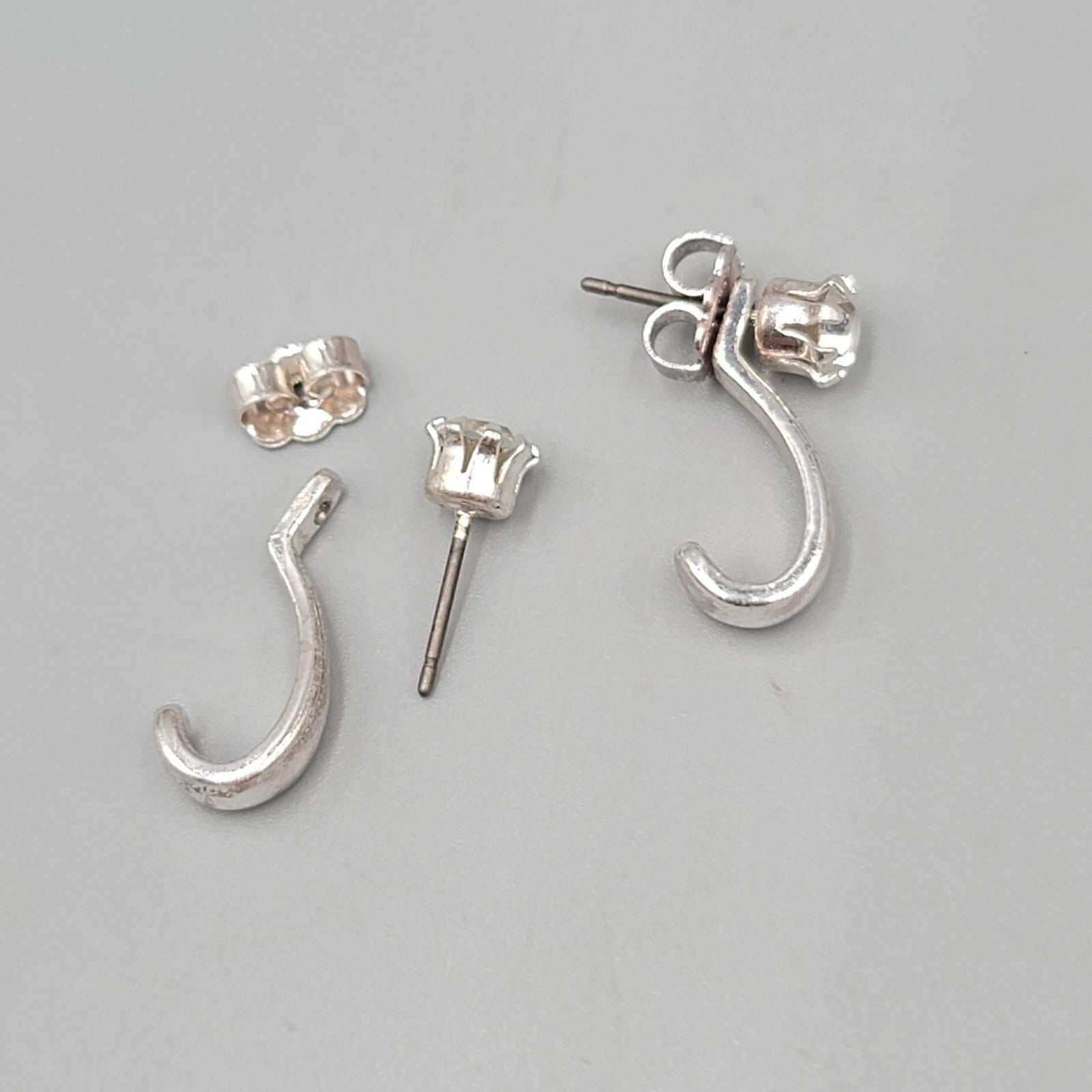 Silver tone Pierced Earrings Convertible Curved Jacket Crystal Minimalist 5/8"