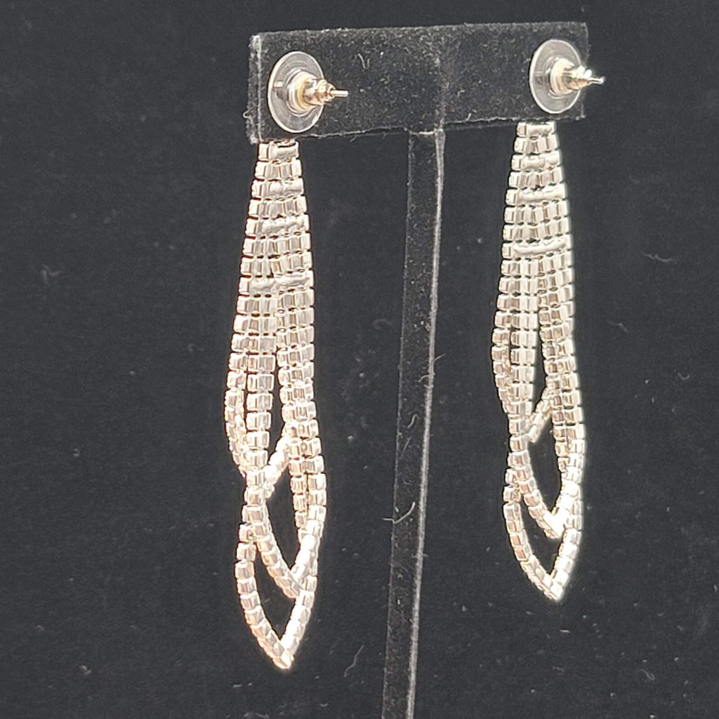 Silver tone Rhinestone Pierced Earrings Long Loop Statement 2.75"