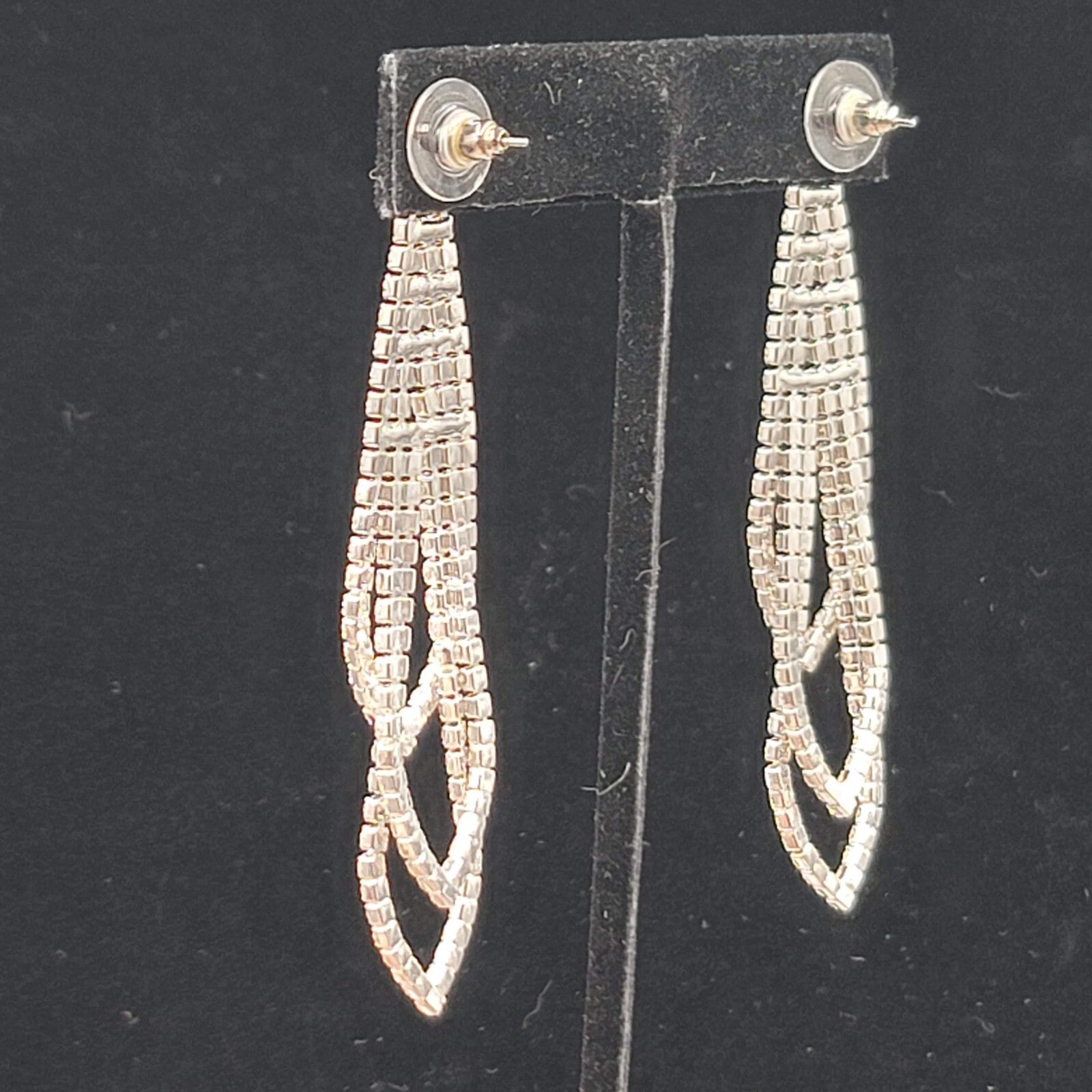 Silver tone Rhinestone Pierced Earrings Long Loop Statement 2.75"