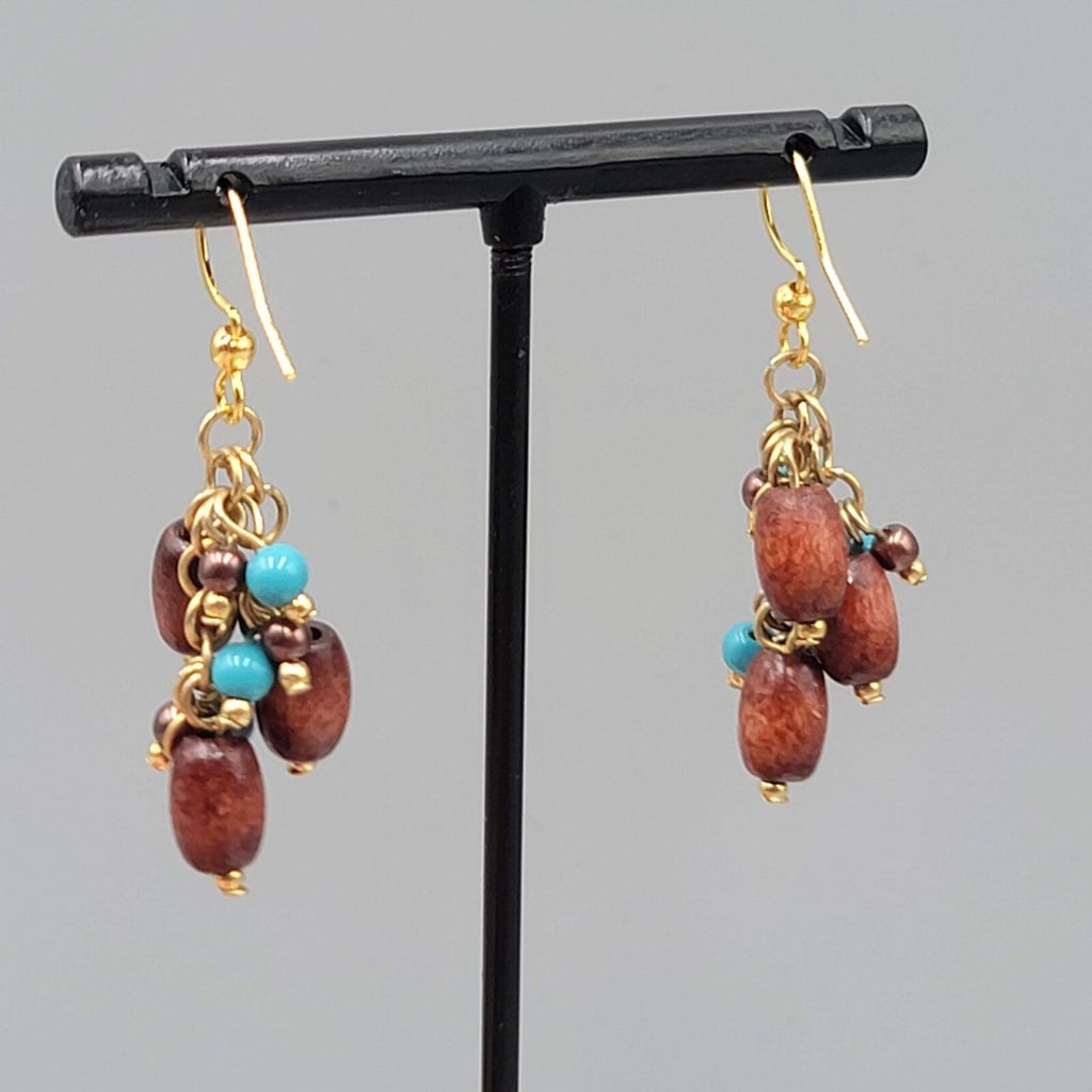Wood Bead Pierced Earrings Gold tone Blue Bead Dangle 1.25"
