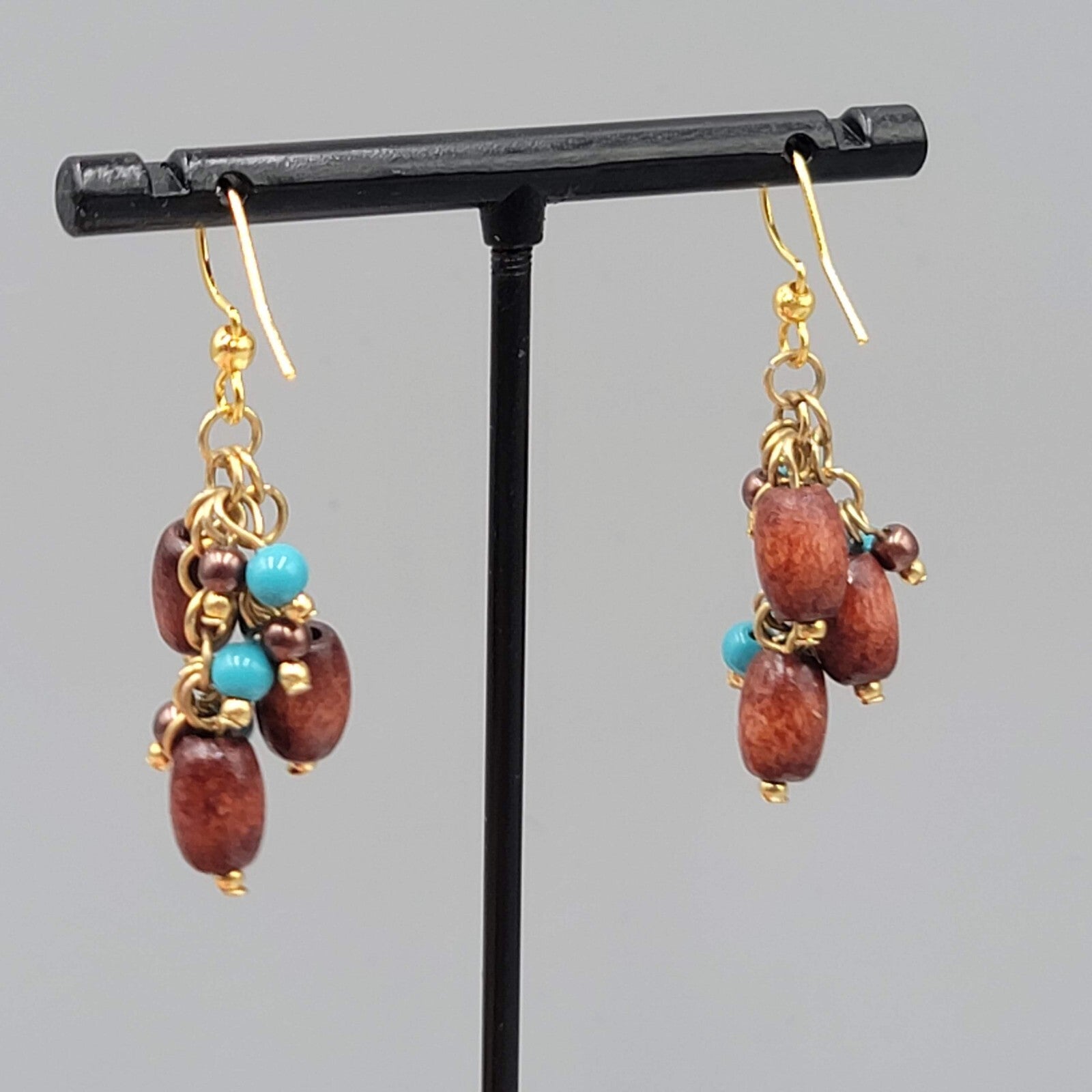Wood Bead Pierced Earrings Gold tone Blue Bead Dangle 1.25"